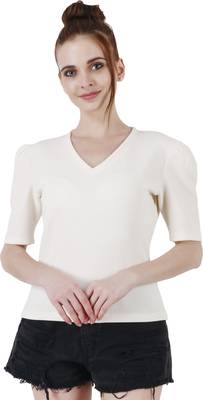 Women Casual Off White Puff Sleeves V Neck Solid Top 1