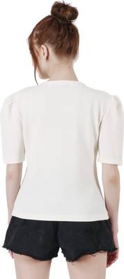 Women Casual Off White Puff Sleeves V Neck Solid Top 2
