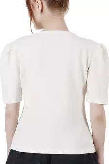 Women Casual Off White Puff Sleeves V Neck Solid Top