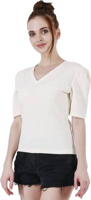 Women Casual Off White Puff Sleeves V Neck Solid Top 3