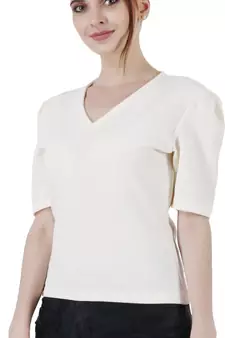 Women Casual Off White Puff Sleeves V Neck Solid Top