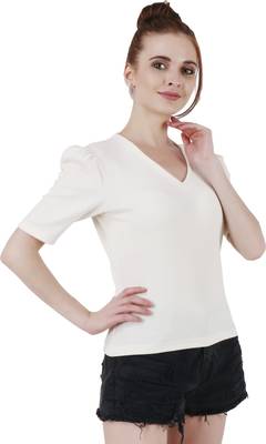 Women Casual Off White Puff Sleeves V Neck Solid Top 4