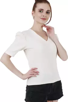 Women Casual Off White Puff Sleeves V Neck Solid Top