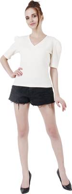 Women Casual Off White Puff Sleeves V Neck Solid Top 5
