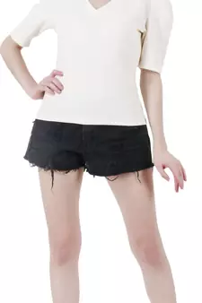 Women Casual Off White Puff Sleeves V Neck Solid Top