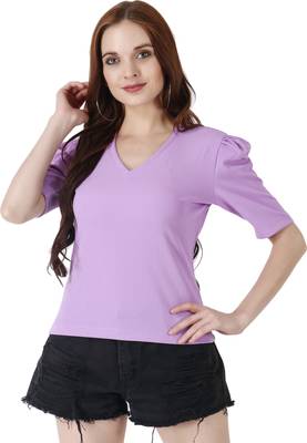 Women Casual Lavender Puff Sleeves V Neck Solid Top 1