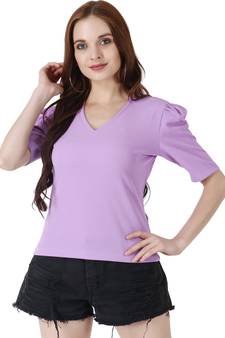 Women Casual Lavender Puff Sleeves V Neck Solid Top