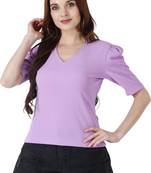 Women Casual Lavender Puff Sleeves V Neck Solid Top