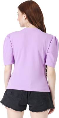 Women Casual Lavender Puff Sleeves V Neck Solid Top 2
