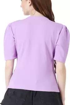 Women Casual Lavender Puff Sleeves V Neck Solid Top