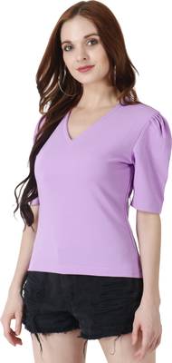 Women Casual Lavender Puff Sleeves V Neck Solid Top 3
