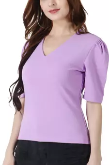 Women Casual Lavender Puff Sleeves V Neck Solid Top