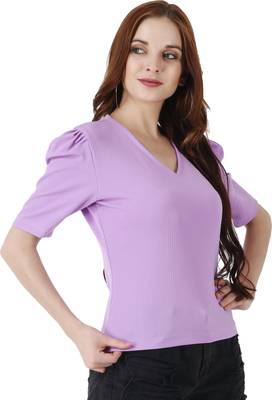 Women Casual Lavender Puff Sleeves V Neck Solid Top 4