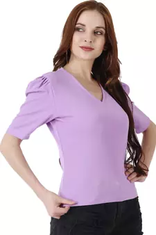Women Casual Lavender Puff Sleeves V Neck Solid Top