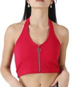 Popwings Pink Solid Halter Neck Zip Bralette Crop Top