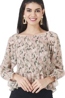 Popwings Women Casual Beige Floral Print Smocked Chiffon Crop Top