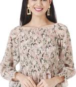 Popwings Women Casual Beige Floral Print Smocked Chiffon Crop Top