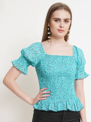Popwings Women Casual Turquoise Blue Printed Smocking Crop Top 1
