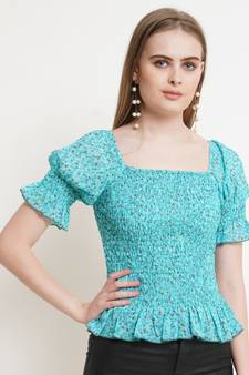 Popwings Women Casual Turquoise Blue Printed Smocking Crop Top