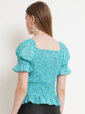 Popwings Women Casual Turquoise Blue Printed Smocking Crop Top 2