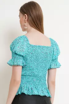 Popwings Women Casual Turquoise Blue Printed Smocking Crop Top