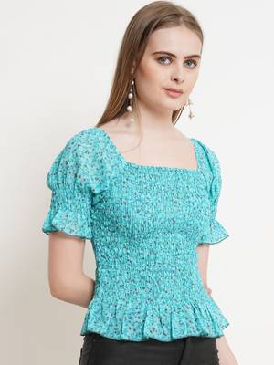 Popwings Women Casual Turquoise Blue Printed Smocking Crop Top 3