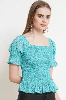 Popwings Women Casual Turquoise Blue Printed Smocking Crop Top