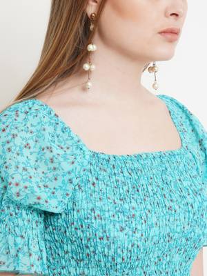 Popwings Women Casual Turquoise Blue Printed Smocking Crop Top 4