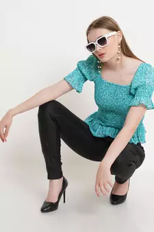 Popwings Women Casual Turquoise Blue Printed Smocking Crop Top