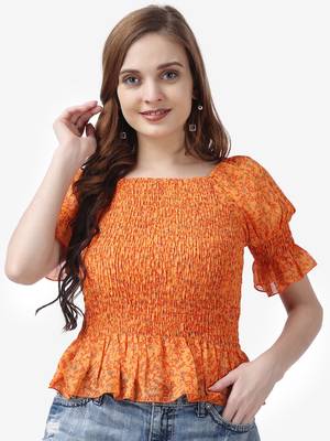 Popwings Women Casual Georgette Smocking Printed Crop Top 1
