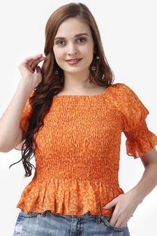 Popwings Women Casual Georgette Smocking Printed Crop Top
