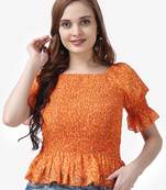Popwings Women Casual Georgette Smocking Printed Crop Top