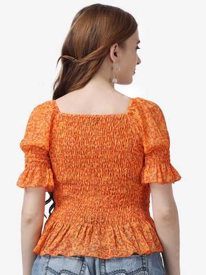 Popwings Women Casual Georgette Smocking Printed Crop Top 2