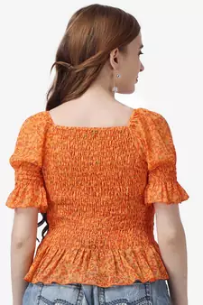 Popwings Women Casual Georgette Smocking Printed Crop Top