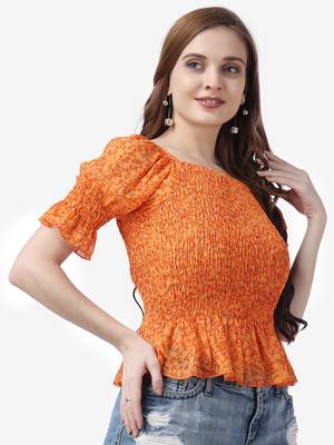 Popwings Women Casual Georgette Smocking Printed Crop Top 3
