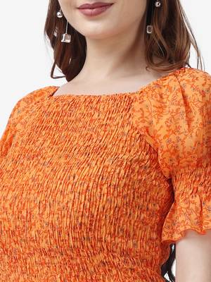 Popwings Women Casual Georgette Smocking Printed Crop Top 4