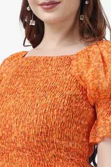 Popwings Women Casual Georgette Smocking Printed Crop Top