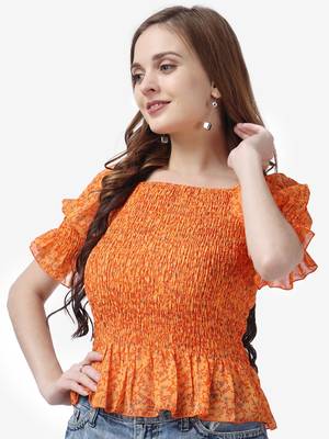 Popwings Women Casual Georgette Smocking Printed Crop Top 6