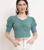 Popwings Women Casual Pastel Green Rib Sweatheart Neck Crop Top