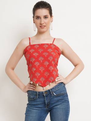 Popwings Women Casual Red Bagru Block Print Cotton Crop Top 1
