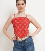 Popwings Women Casual Red Bagru Block Print Cotton Crop Top
