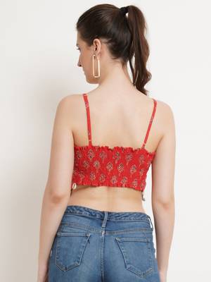 Popwings Women Casual Red Bagru Block Print Cotton Crop Top 2