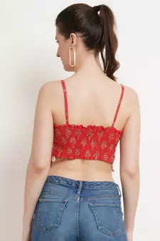 Popwings Women Casual Red Bagru Block Print Cotton Crop Top