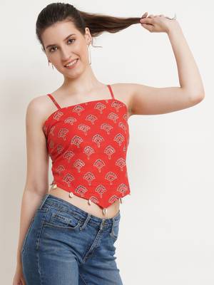 Popwings Women Casual Red Bagru Block Print Cotton Crop Top 3