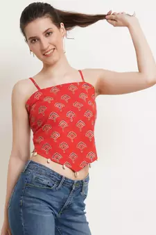 Popwings Women Casual Red Bagru Block Print Cotton Crop Top