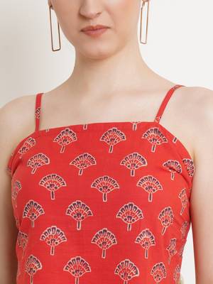 Popwings Women Casual Red Bagru Block Print Cotton Crop Top 4