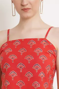 Popwings Women Casual Red Bagru Block Print Cotton Crop Top