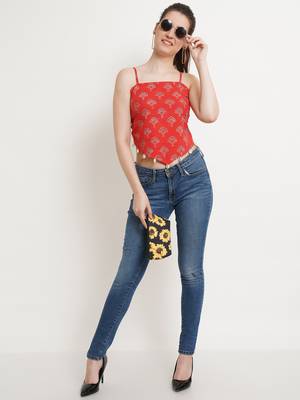 Popwings Women Casual Red Bagru Block Print Cotton Crop Top 5