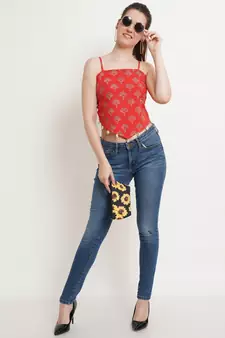 Popwings Women Casual Red Bagru Block Print Cotton Crop Top