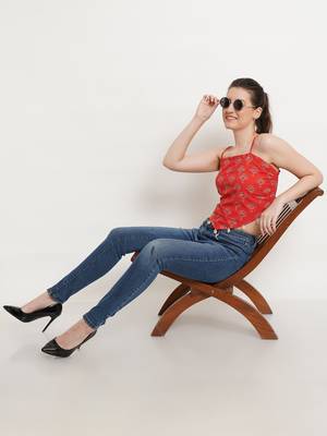 Popwings Women Casual Red Bagru Block Print Cotton Crop Top 6